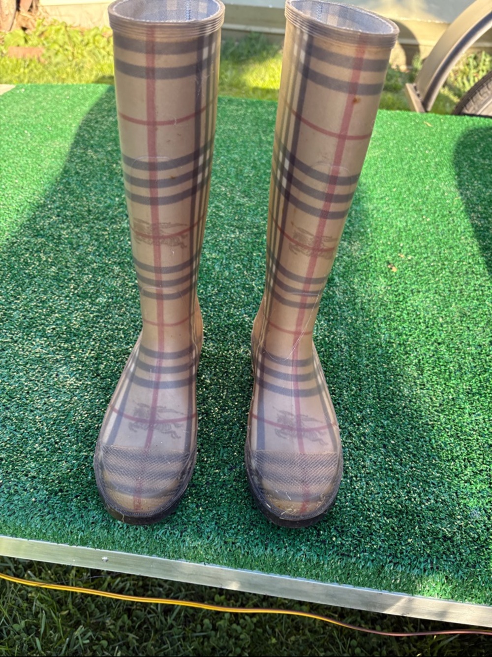 Burberry Beige Plaid Tall Rain Boots